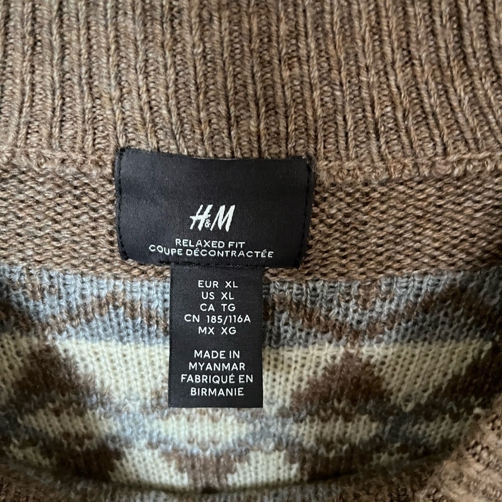 H&M MENS BROWN PATTERNED RELAXED FIT SWEATER SZ XL - Picture 4 of 7